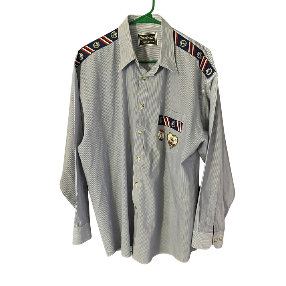 ZOOM FOCUS Mens Large Blue White‎ Stripe Nautical Long Sleeve Shirt